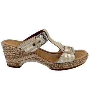 GABOR Metallic Embossed Stripe T-Strap Espadrille Slip On Comfort Slide Size 6.5